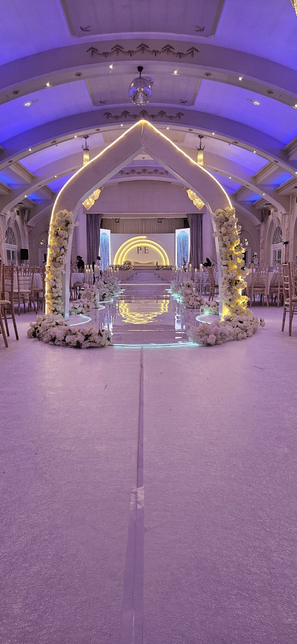 Luxury wedding ceremony setup with Chiavari chair hire