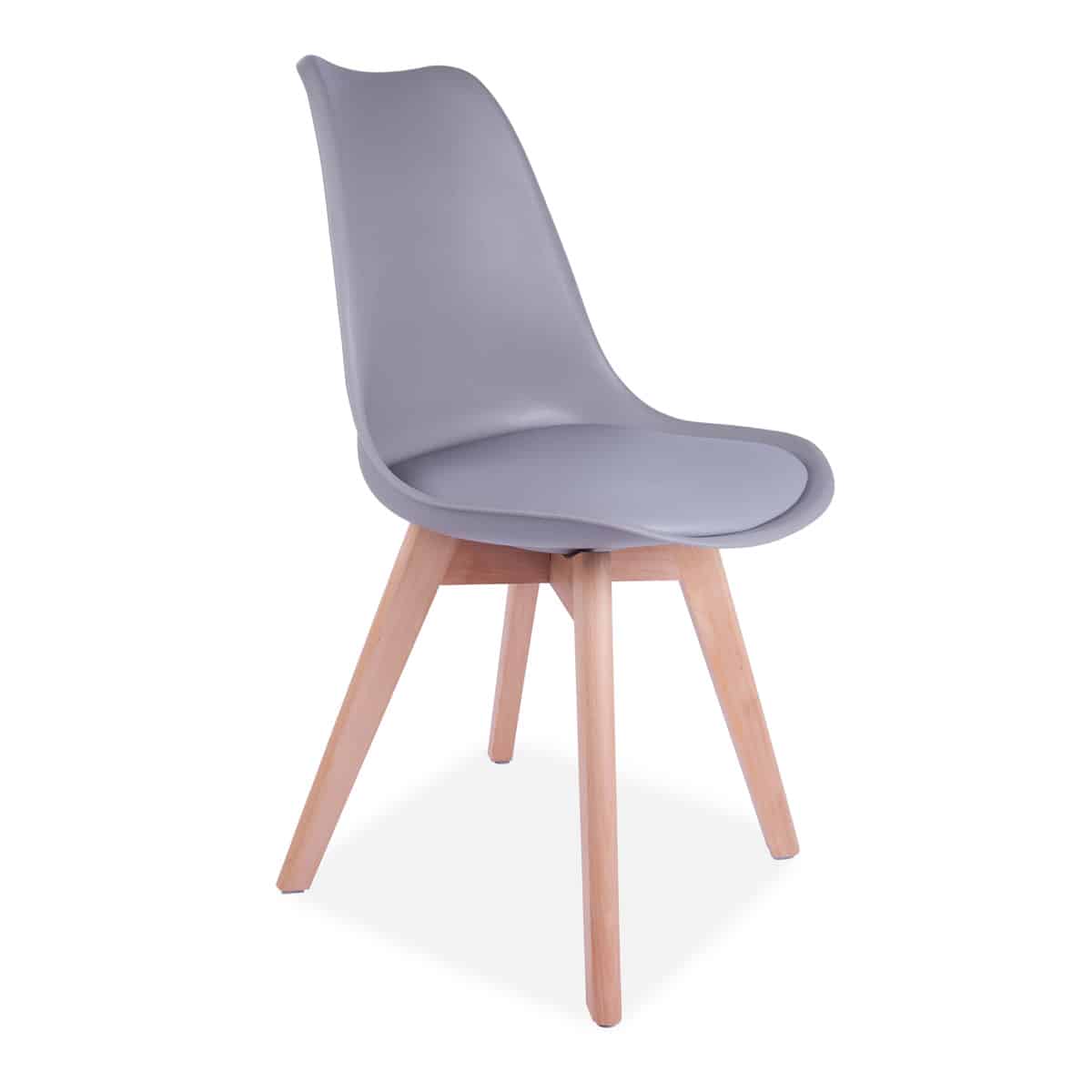Grey Eames style chair hire London with padded seat and wooden legs
